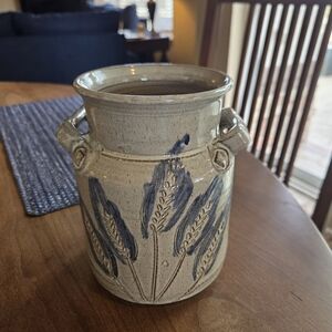 Speckled Gray Glaze With Blue Sheafs Of Wheat Cricked Signed Jesus Taylor